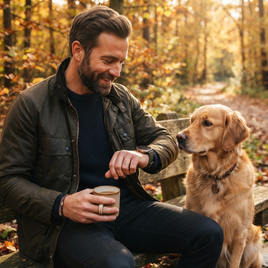 Homme vérifiant sa montre connectée à côté de son chien