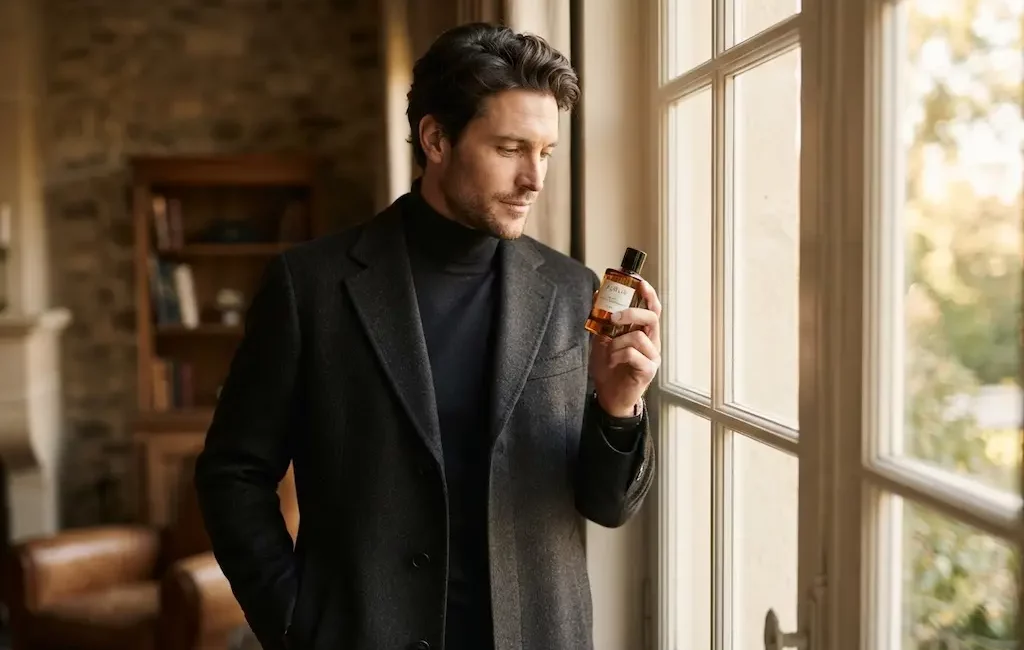 Homme élégant tenant un flacon de parfum de niche