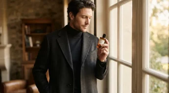 Homme élégant tenant un flacon de parfum de niche
