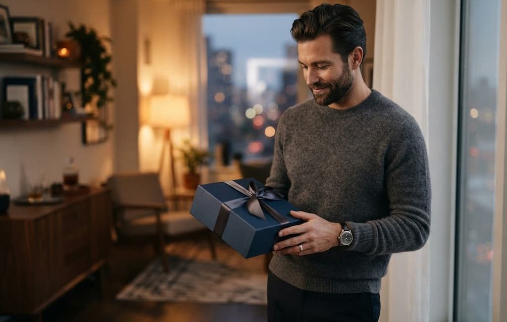 Homme préparant un cadeau élégant pour sa copine