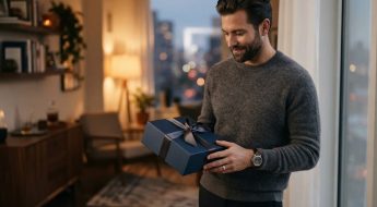 Homme préparant un cadeau élégant pour sa copine