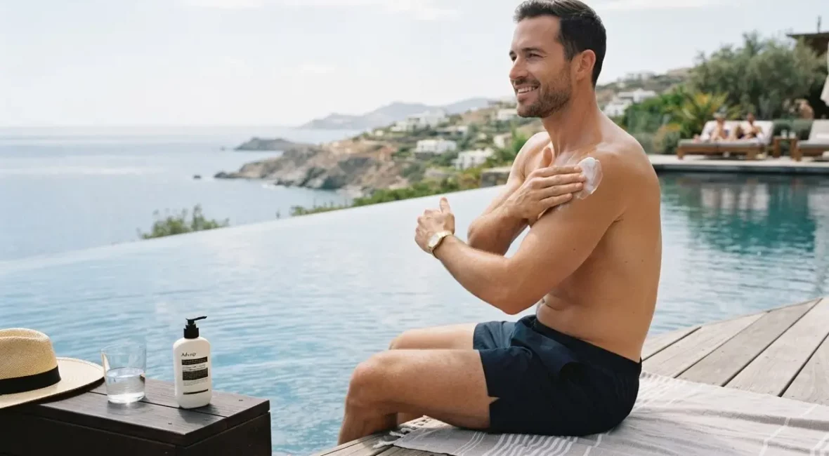 Homme appliquant une protection solaire estivale près d'une piscine.