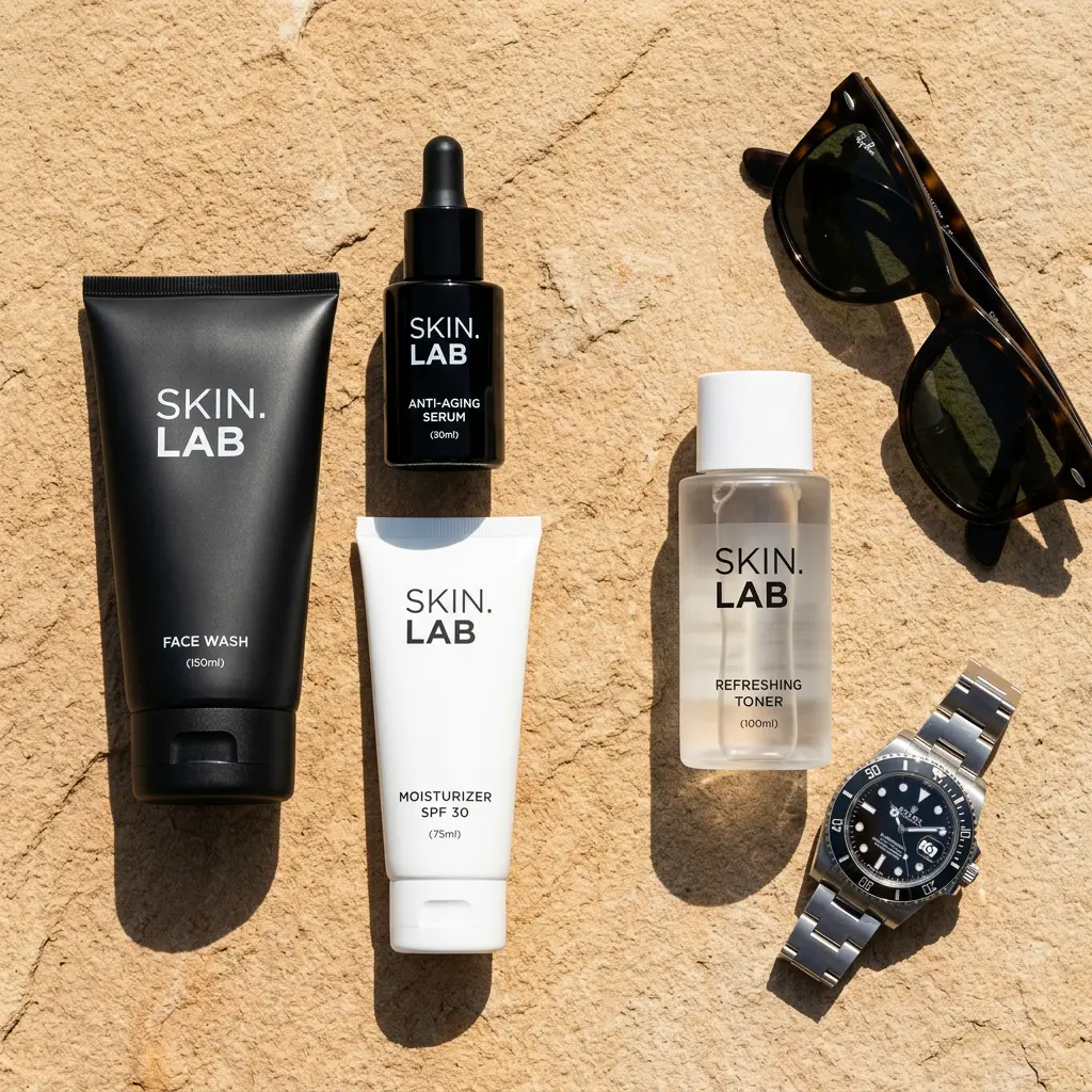 Soins estivaux pour homme, lunettes de soleil et montre