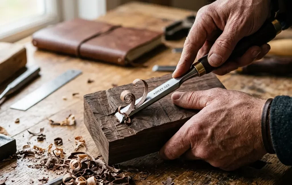 Gros plan sur des mains masculines sculptant du bois brut.