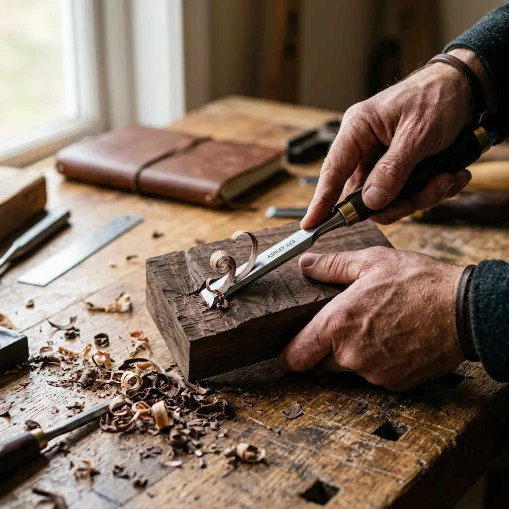 Gros plan sur des mains masculines sculptant du bois brut.