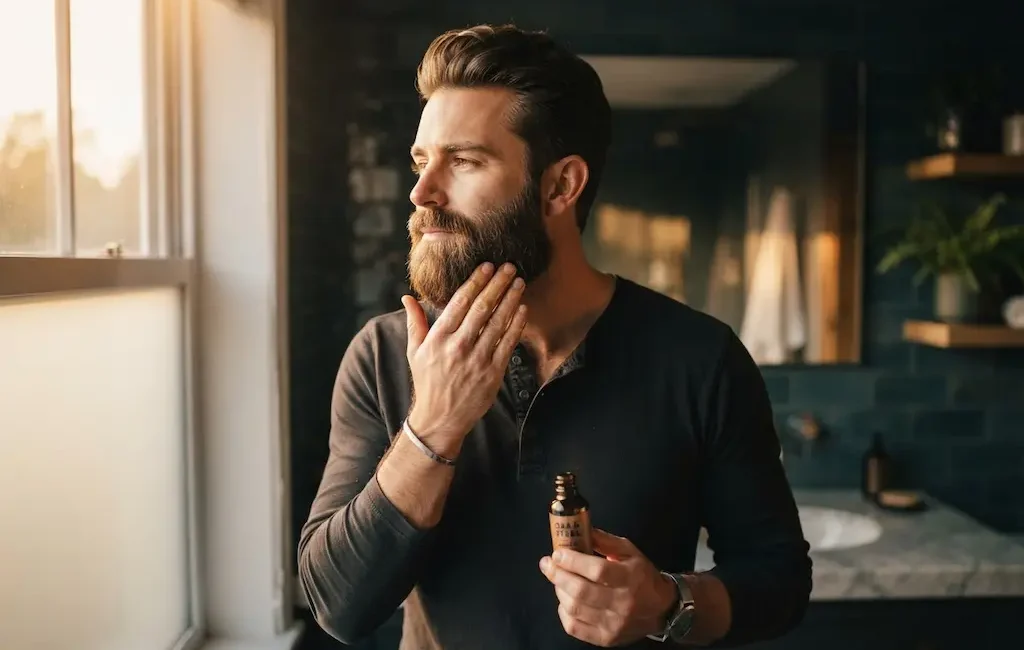Homme appliquant huile à barbe longue le matin