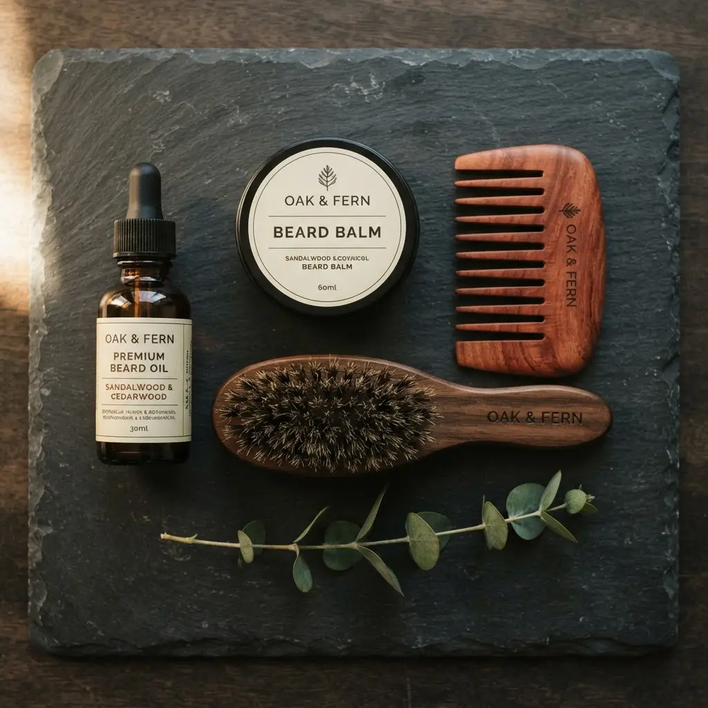 Routine soin barbe longue huile baume brosse