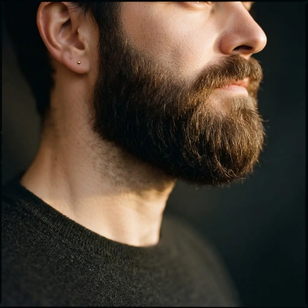 Gros plan barbe longue saine et peau hydratée
