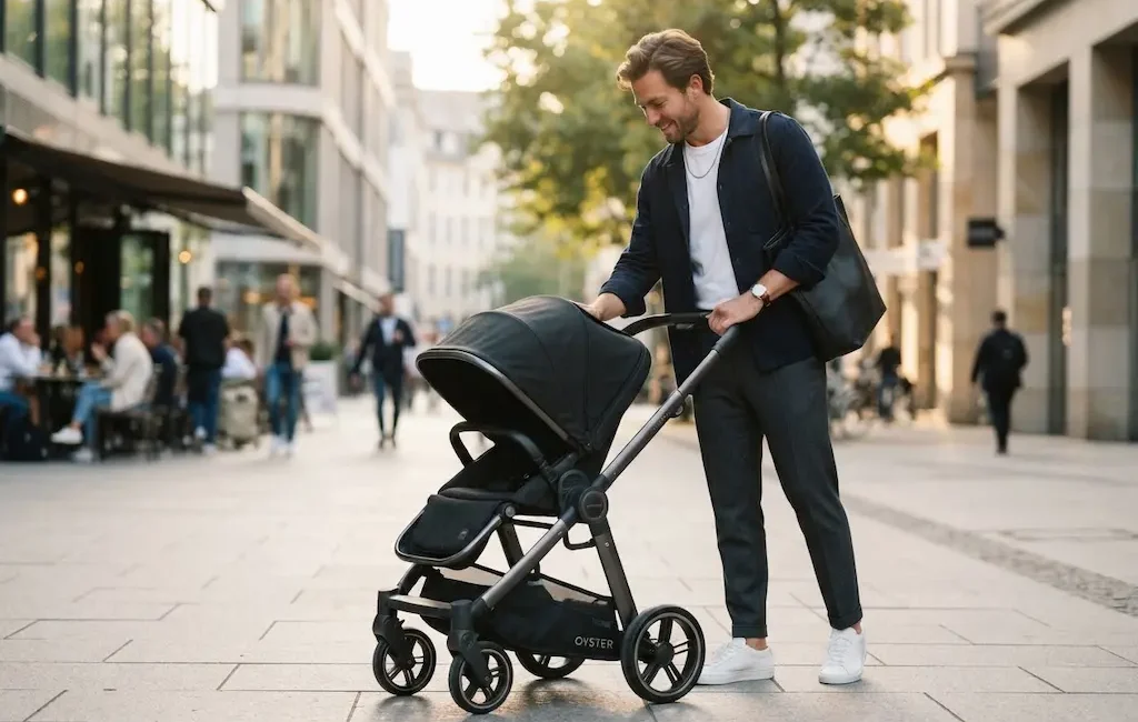 Futur papa moderne testant une poussette design en ville.