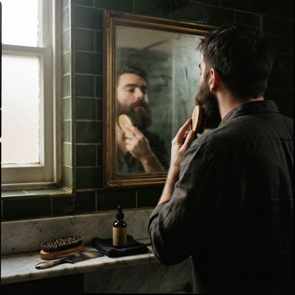 Rituel matinal de brossage de barbe devant miroir