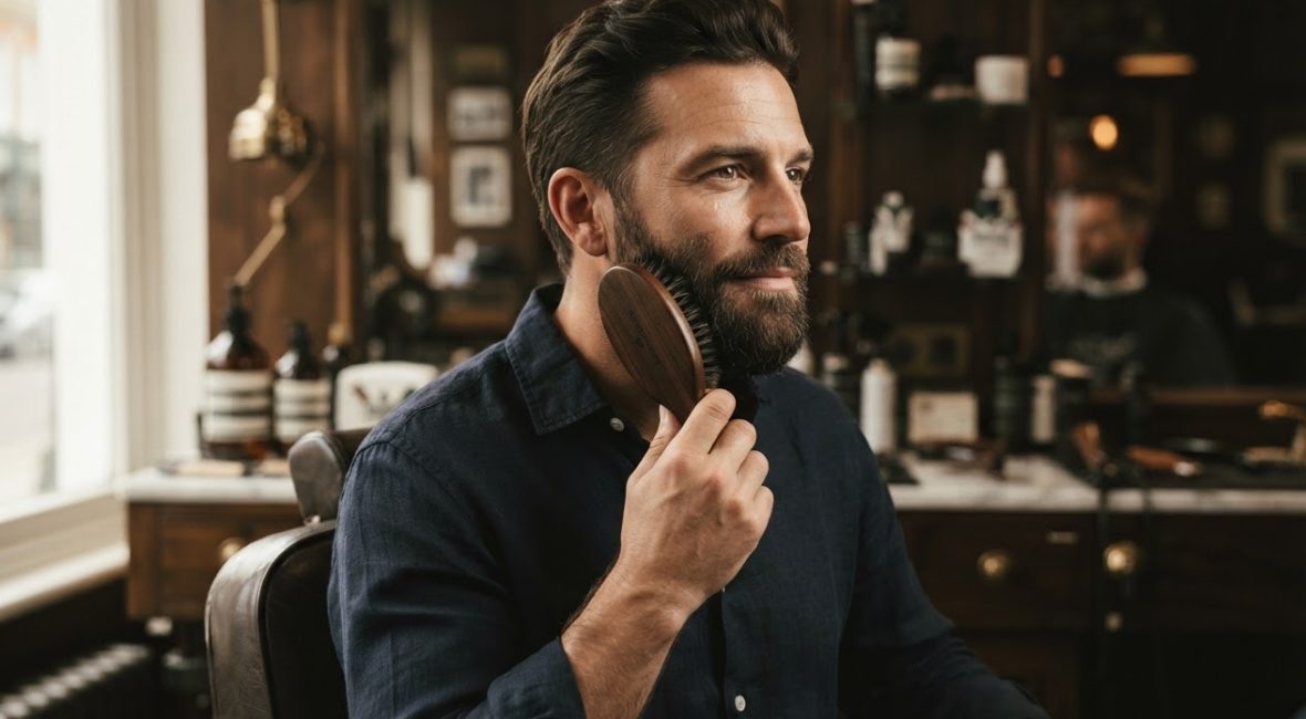 Homme brossant sa barbe avec une brosse en bois