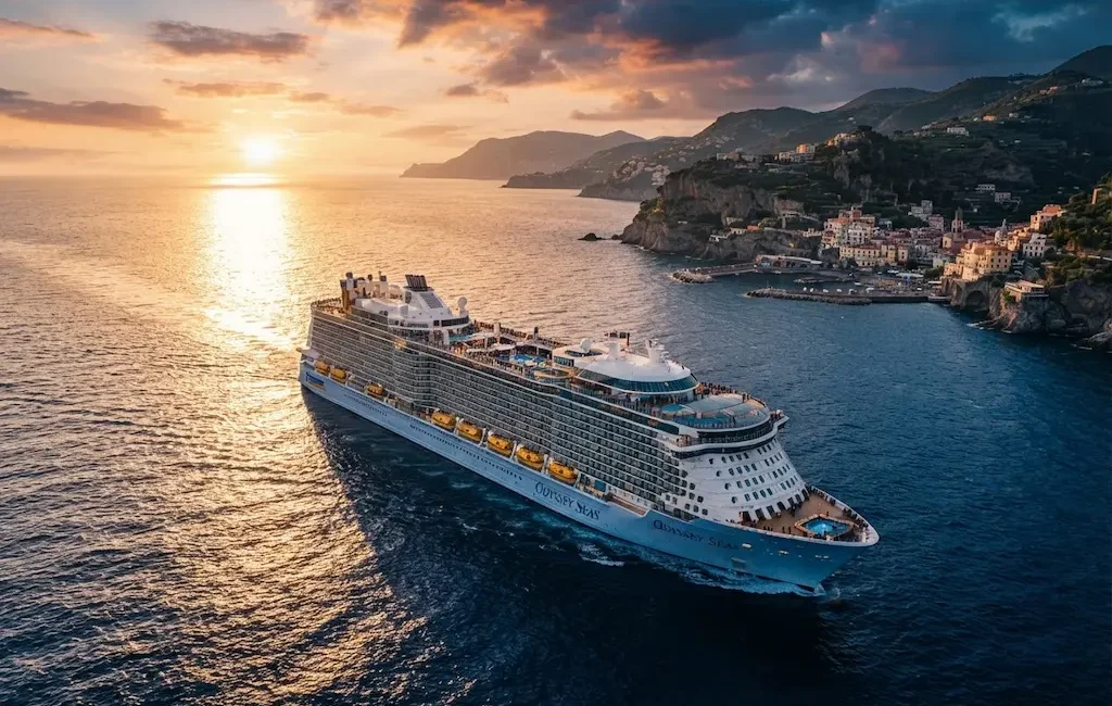 Paquebot de luxe naviguant en Méditerranée au coucher de soleil