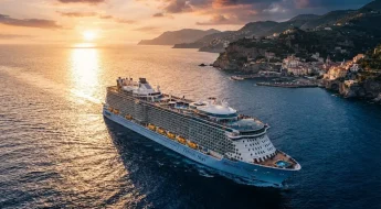Paquebot de luxe naviguant en Méditerranée au coucher de soleil