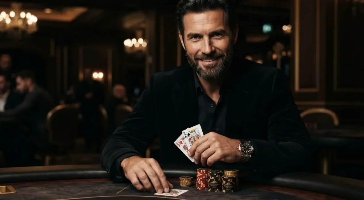 Homme chic tenant des cartes de poker, ambiance lounge VIP