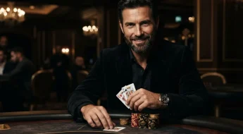 Homme chic tenant des cartes de poker, ambiance lounge VIP