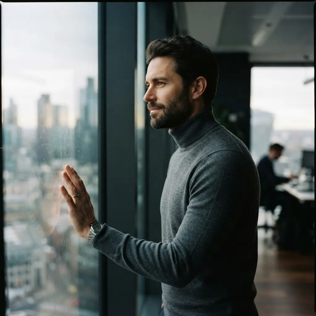 Homme contemplatif, fenêtre urbaine, lumière dorée premium