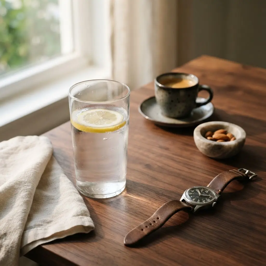Verre d'eau citronnée et tasse d'espresso sur table bois
