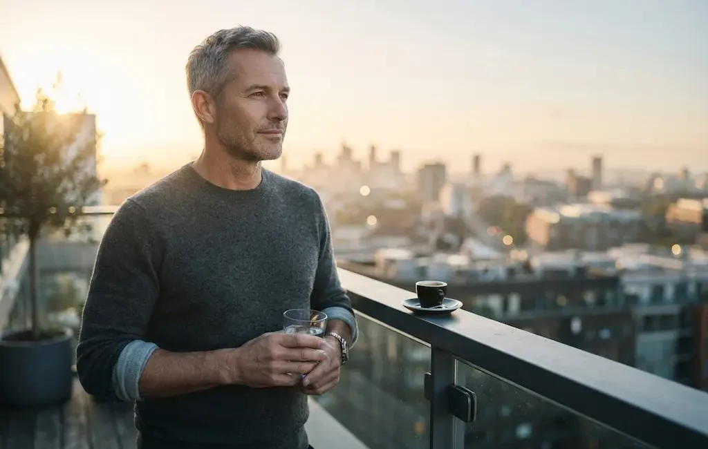 Homme quarantaine buvant un verre d'eau au lever du soleil