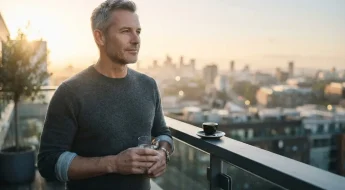 Homme quarantaine buvant un verre d'eau au lever du soleil