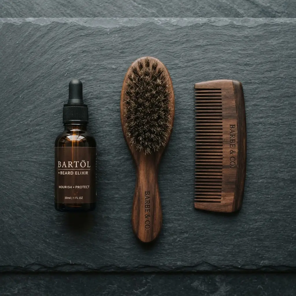 Accessoires de soins barbe et cheveux sur fond sombre




