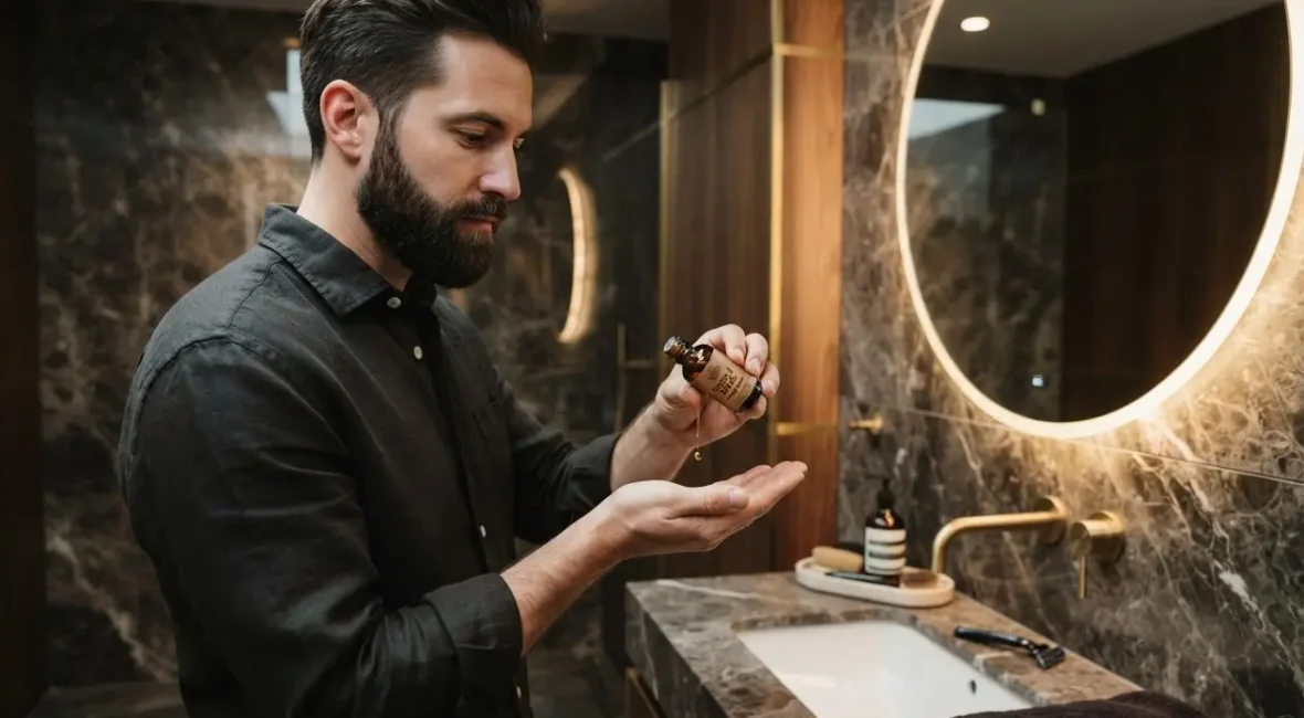 Homme appliquant une huile dans sa routine soins à barbe