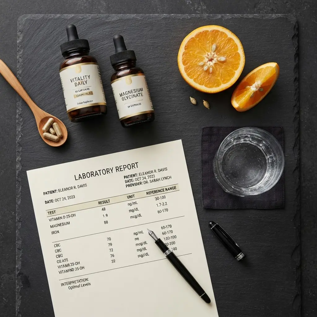 Flacons de vitamines et bilan sanguin sur table.