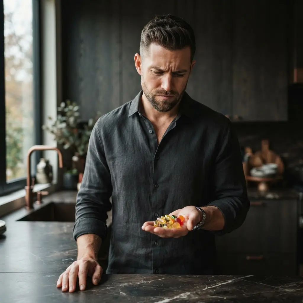 Homme douteux observant des gélules de compléments alimentaires.