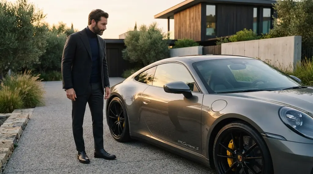 Homme élégant examinant une bonne voiture d'occasion premium