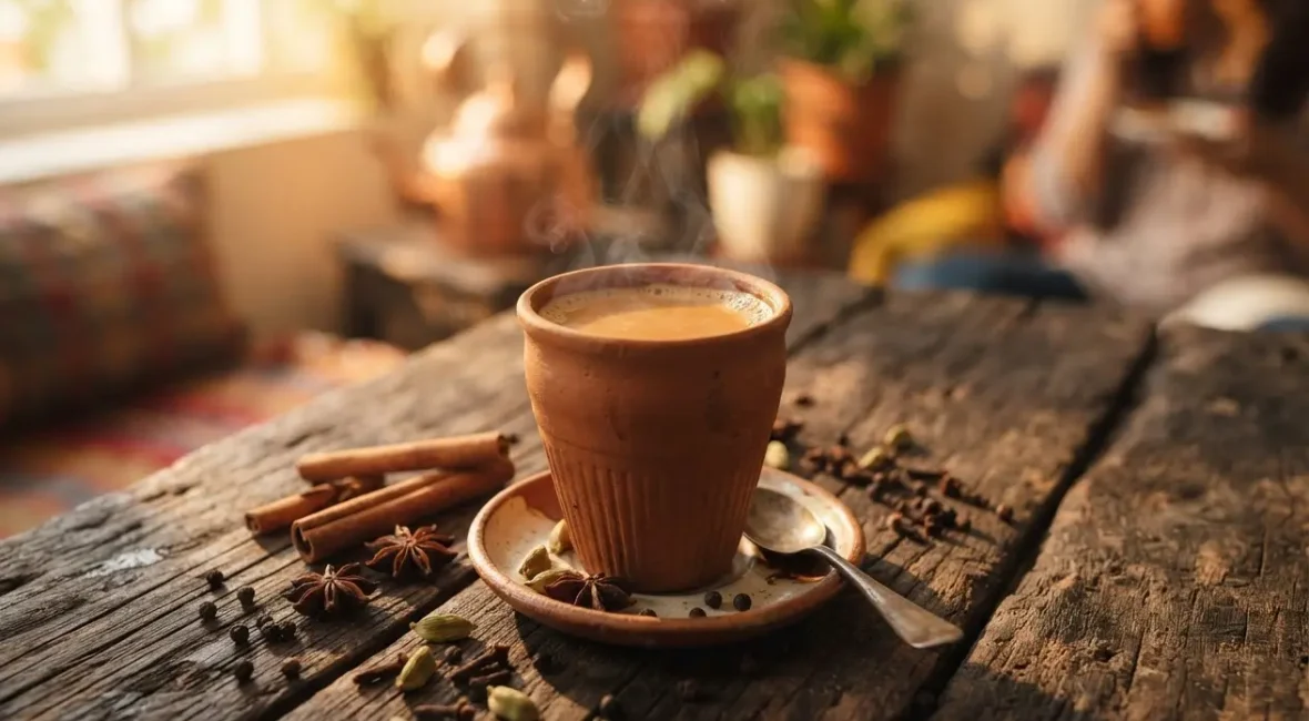 Tasse de Chaï Masala fumant avec épices indiennes