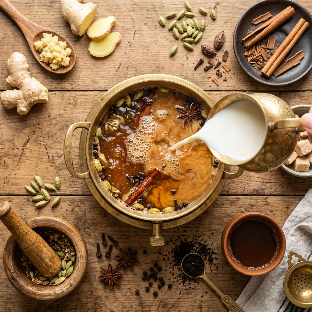 Préparation du Chaï Masala avec lait et épices