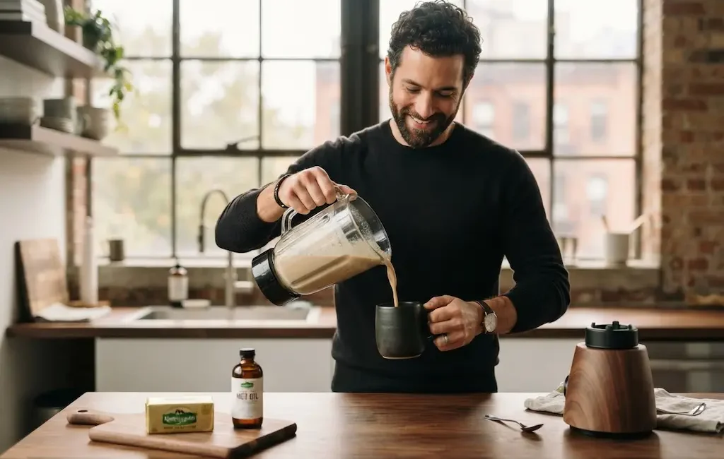 Homme préparant un bulletproof coffee au blender dans sa cuisine