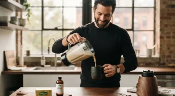 Homme préparant un bulletproof coffee au blender dans sa cuisine