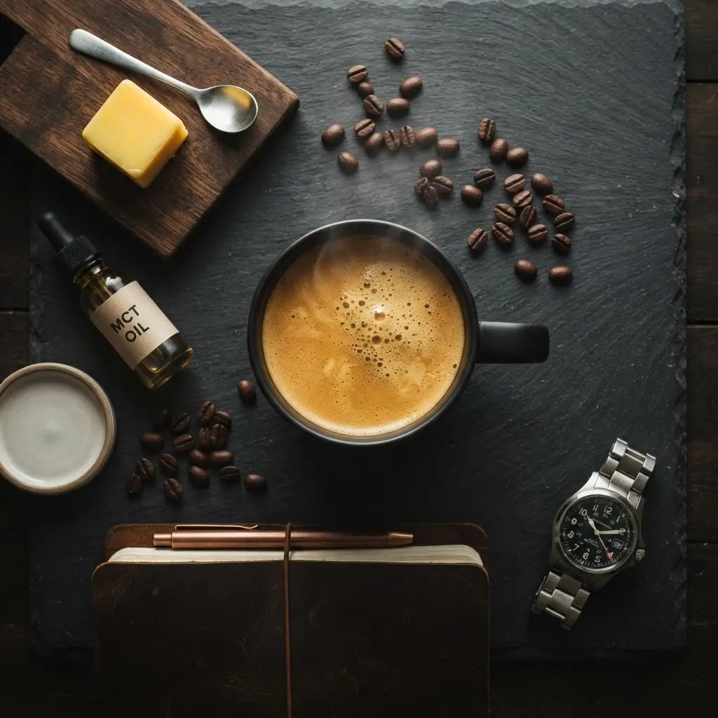 Bulletproof coffee, ghee et huile MCT vus de dessus