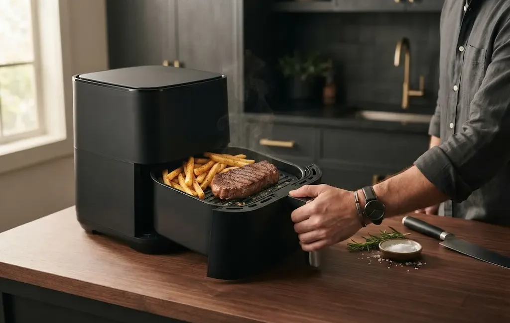 Air fryer compact moderne avec frites dorées et côte grillée