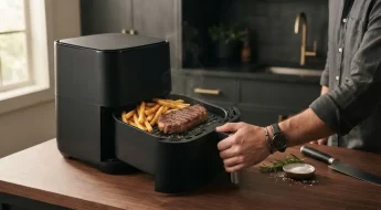Air fryer compact moderne avec frites dorées et côte grillée