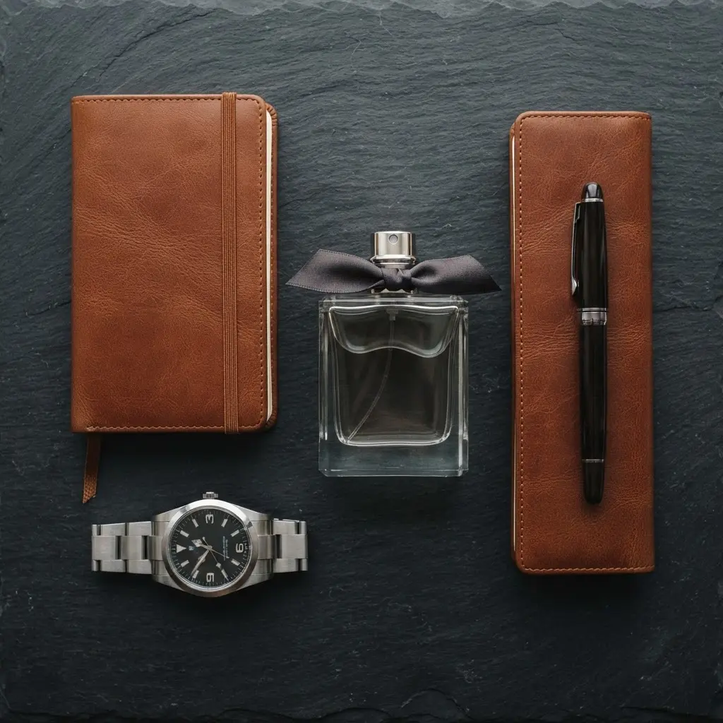 Flacon de parfum au ruban satiné, montre et carnet