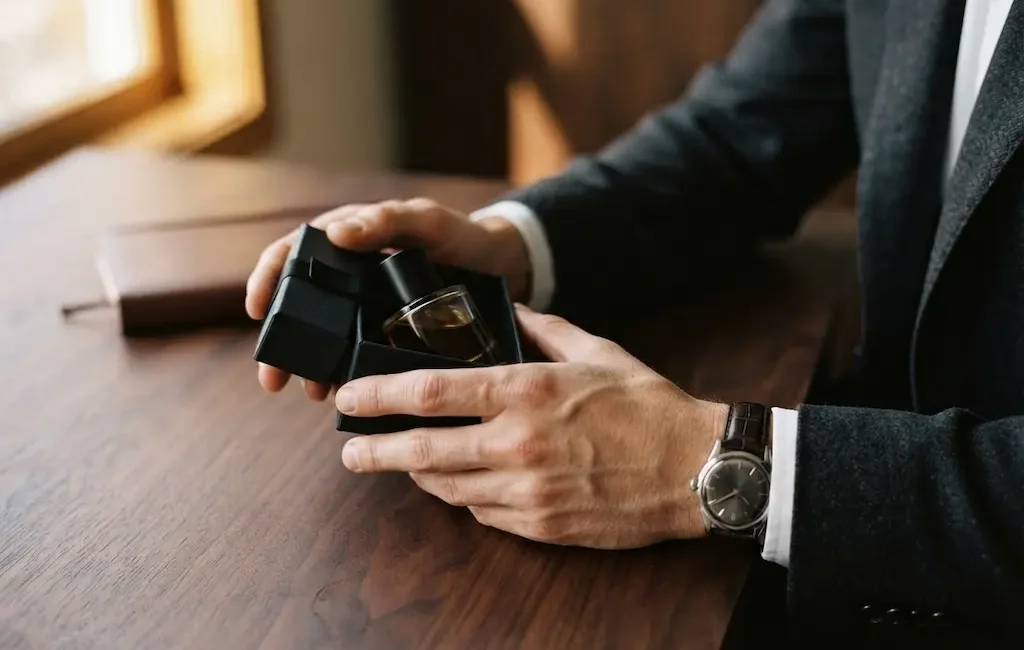 Homme choisissant un parfum femme en cadeau, ambiance élégante