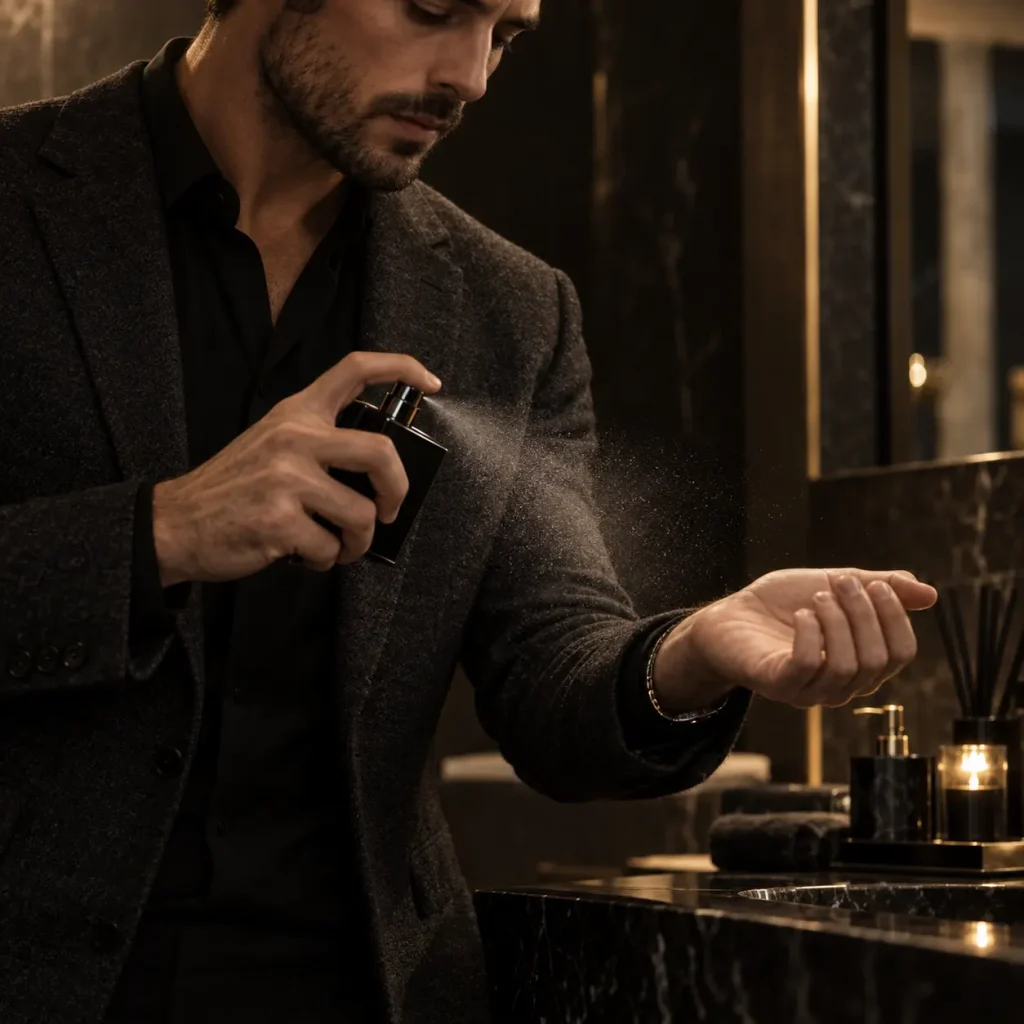 Homme vaporisant un parfum anonyme dans une ambiance feutrée