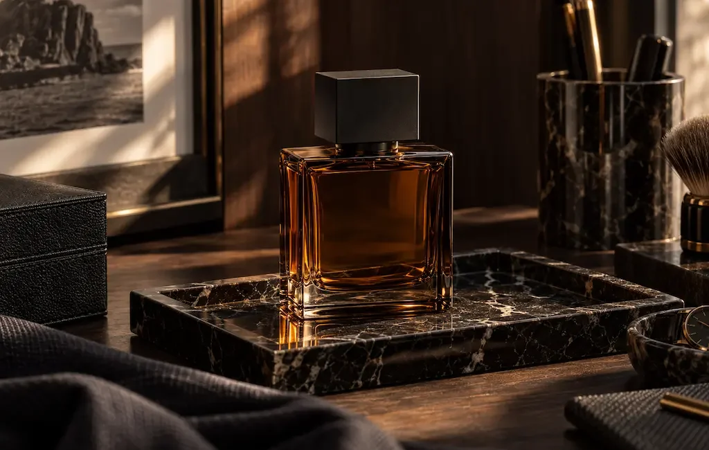 Flacon de parfum ambré anonyme sur plateau en marbre