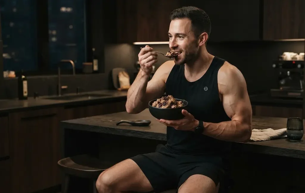 Homme sportif dégustant un bol de pâte à cookie protéinée