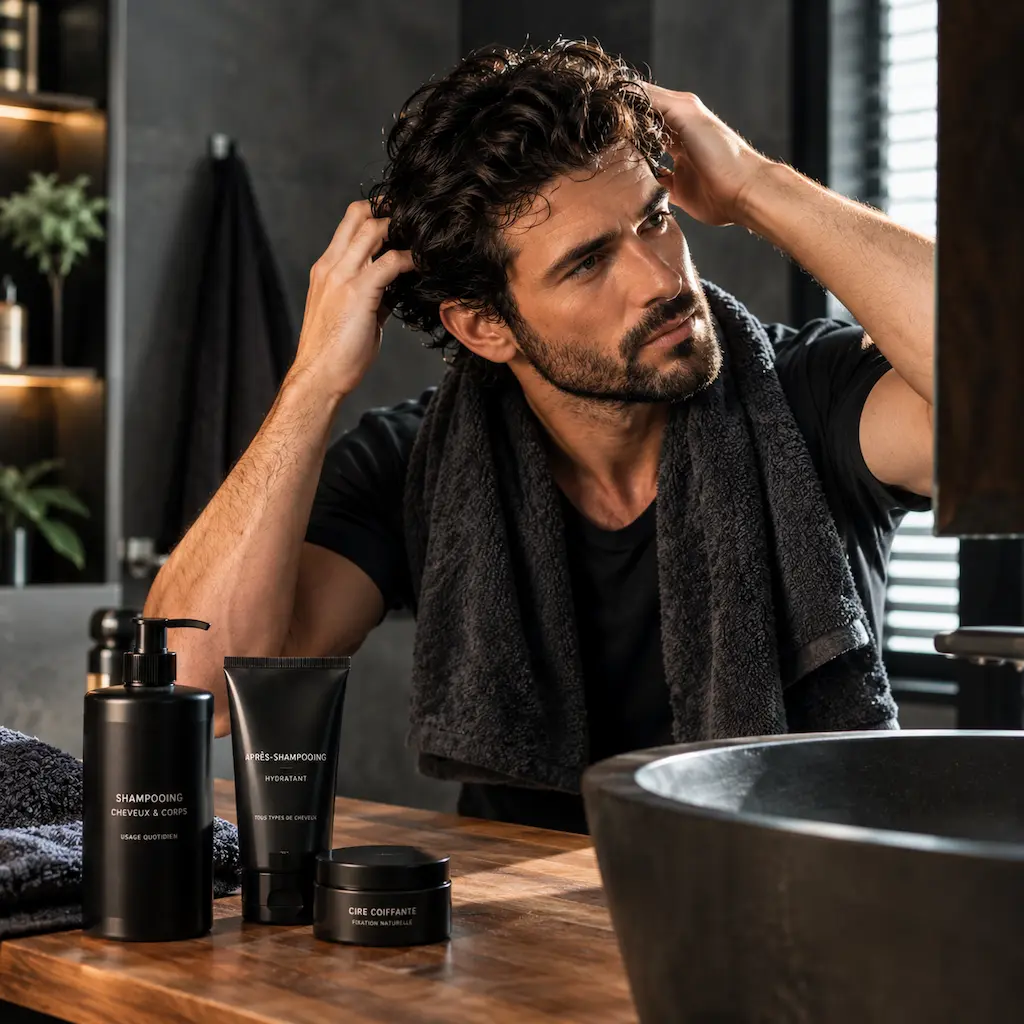 Homme coiffant ses cheveux avec des soins capillaires masculins
