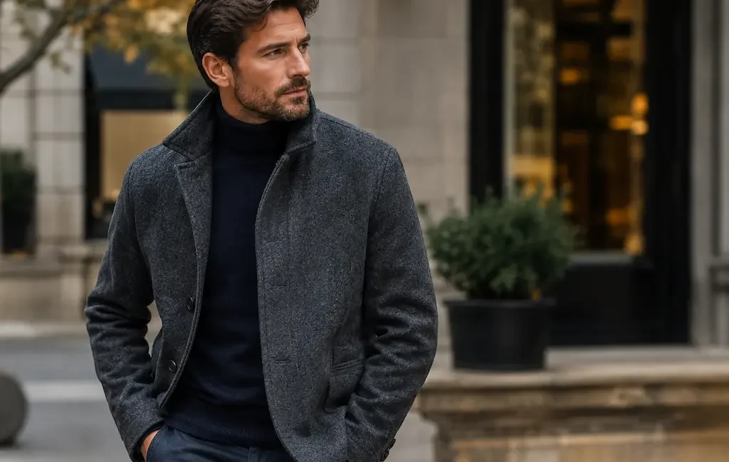 Homme portant une veste en laine grise et un pull col roulé noir